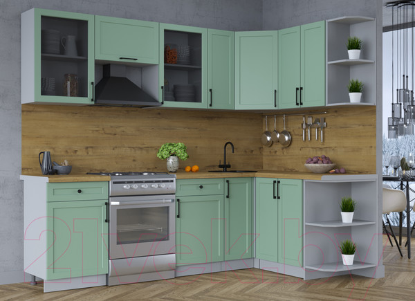 Изображение товара Кухонный гарнитур Интерлиния Тренд 1.5x2.5 правая (мята/мята/дуб бунратти)