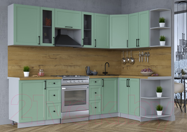 Изображение товара Кухонный гарнитур Интерлиния Тренд 1.5x2.7 правая (мята/мята/дуб бунратти)
