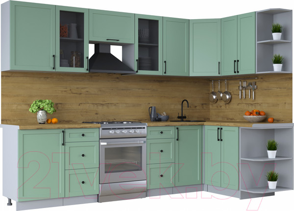 Изображение товара Кухонный гарнитур Интерлиния Тренд 1.5x2.9 правая (мята/мята/дуб бунратти)