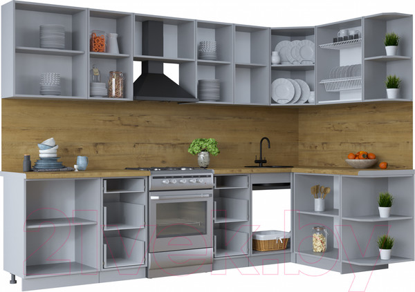 Изображение товара Кухонный гарнитур Интерлиния Тренд 1.5x3.0 правая (мята/мята/дуб бунратти)