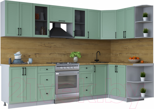 Изображение товара Кухонный гарнитур Интерлиния Тренд 1.5x3.0 правая (мята/мята/дуб бунратти)