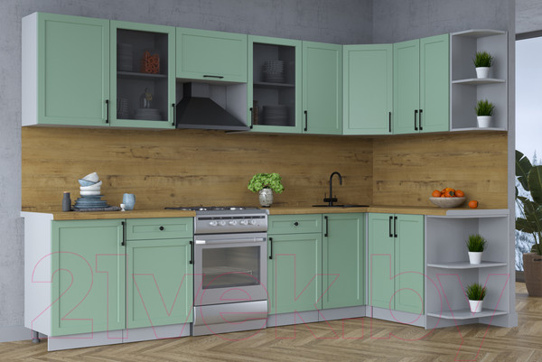 Изображение товара Кухонный гарнитур Интерлиния Тренд 1.5x3.1 правая (мята/мята/дуб бунратти)