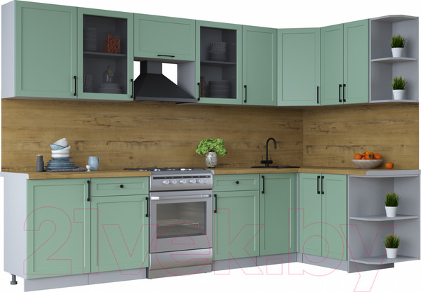 Изображение товара Кухонный гарнитур Интерлиния Тренд 1.5x3.1 правая (мята/мята/дуб бунратти)