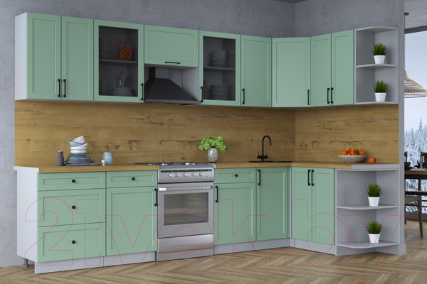 Изображение товара Кухонный гарнитур Интерлиния Тренд 1.5x3.2 правая (мята/мята/дуб бунратти)