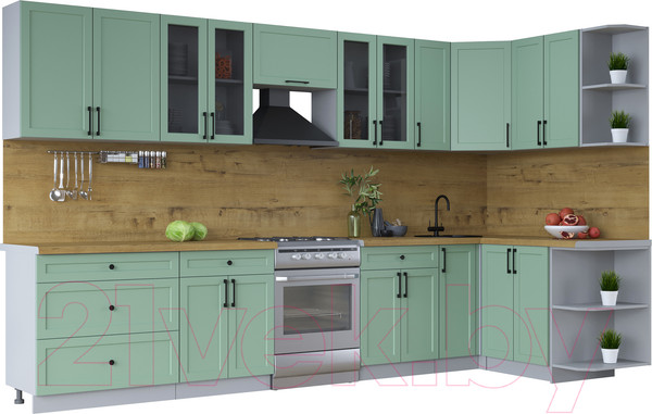 Изображение товара Кухонный гарнитур Интерлиния Тренд 1.5x3.5 правая (мята/мята/дуб бунратти)