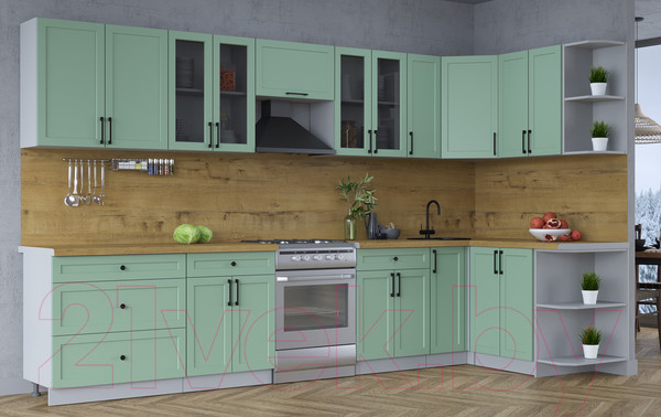Изображение товара Кухонный гарнитур Интерлиния Тренд 1.5x3.5 правая (мята/мята/дуб бунратти)