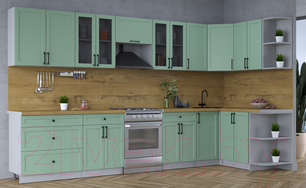 Изображение товара Кухонный гарнитур Интерлиния Тренд 1.5x3.6 правая (мята/мята/дуб бунратти)