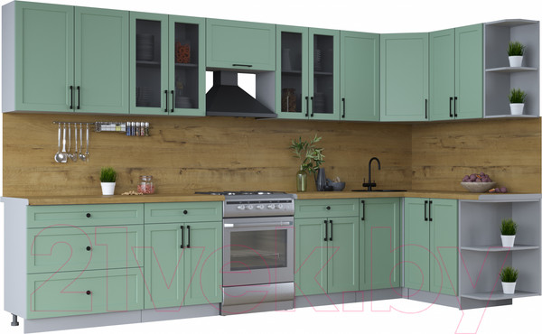 Изображение товара Кухонный гарнитур Интерлиния Тренд 1.5x3.6 правая (мята/мята/дуб бунратти)