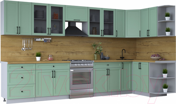 Изображение товара Кухонный гарнитур Интерлиния Тренд 1.5x3.7 правая (мята/мята/дуб бунратти)