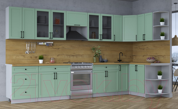 Изображение товара Кухонный гарнитур Интерлиния Тренд 1.5x3.7 правая (мята/мята/дуб бунратти)