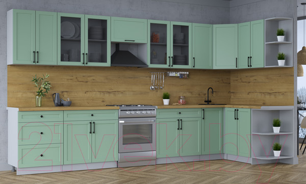Изображение товара Кухонный гарнитур Интерлиния Тренд 1.5x3.8 правая (мята/мята/дуб бунратти)