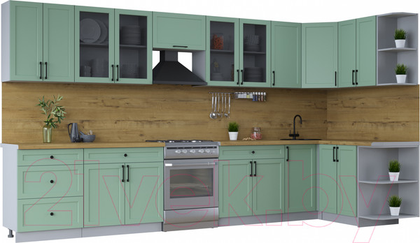 Изображение товара Кухонный гарнитур Интерлиния Тренд 1.5x3.8 правая (мята/мята/дуб бунратти)