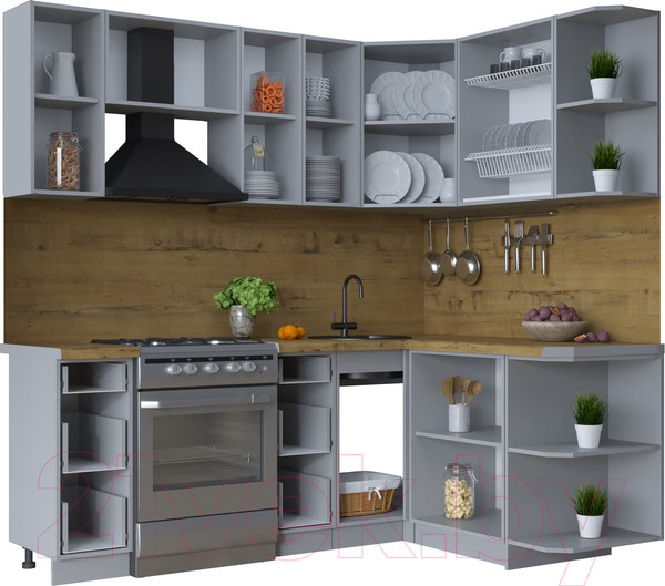 Изображение товара Кухонный гарнитур Интерлиния Тренд 1.5x2.1 правая (мята/белый/бискайская сосна)