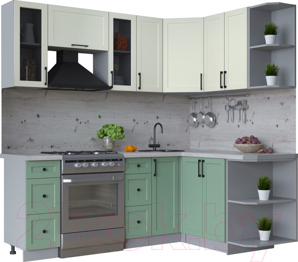 Изображение товара Кухонный гарнитур Интерлиния Тренд 1.5x2.1 правая (мята/белый/бискайская сосна)