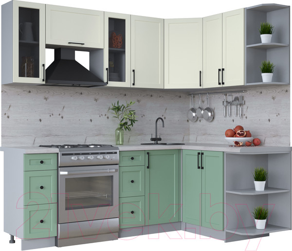 Изображение товара Кухонный гарнитур Интерлиния Тренд 1.5x2.2 правая (мята/белый/бискайская сосна)