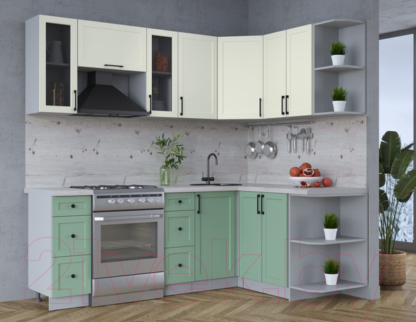 Изображение товара Кухонный гарнитур Интерлиния Тренд 1.5x2.2 правая (мята/белый/бискайская сосна)