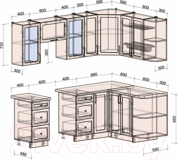 Изображение товара Кухонный гарнитур Интерлиния Тренд 1.5x2.3 правая (мята/белый/бискайская сосна)