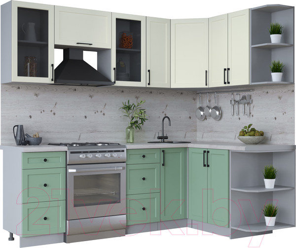 Изображение товара Кухонный гарнитур Интерлиния Тренд 1.5x2.3 правая (мята/белый/бискайская сосна)