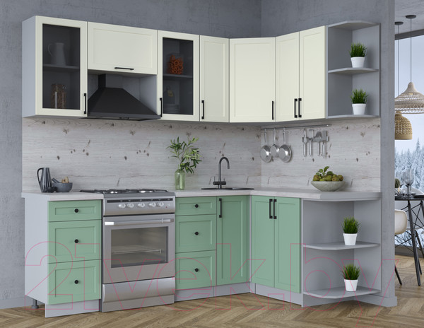Изображение товара Кухонный гарнитур Интерлиния Тренд 1.5x2.3 правая (мята/белый/бискайская сосна)