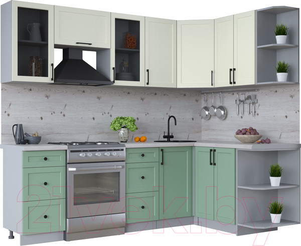 Изображение товара Кухонный гарнитур Интерлиния Тренд 1.5x2.4 правая (мята/белый/бискайская сосна)