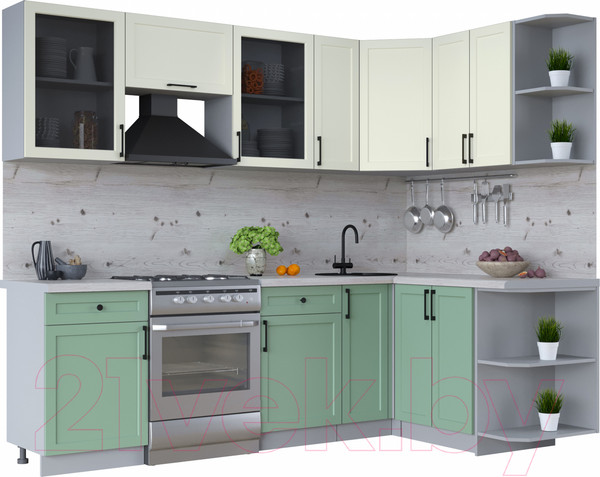 Изображение товара Кухонный гарнитур Интерлиния Тренд 1.5x2.5 правая (мята/белый/бискайская сосна)