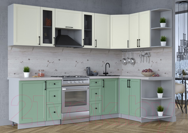 Изображение товара Кухонный гарнитур Интерлиния Тренд 1.5x2.7 правая (мята/белый/бискайская сосна)