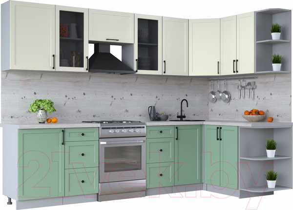 Изображение товара Кухонный гарнитур Интерлиния Тренд 1.5x2.9 правая (мята/белый/бискайская сосна)