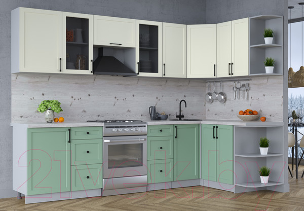 Изображение товара Кухонный гарнитур Интерлиния Тренд 1.5x2.9 правая (мята/белый/бискайская сосна)
