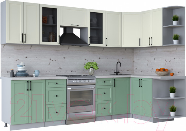 Изображение товара Кухонный гарнитур Интерлиния Тренд 1.5x3.0 правая (мята/белый/бискайская сосна)