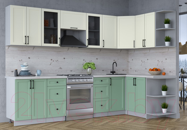 Изображение товара Кухонный гарнитур Интерлиния Тренд 1.5x3.0 правая (мята/белый/бискайская сосна)