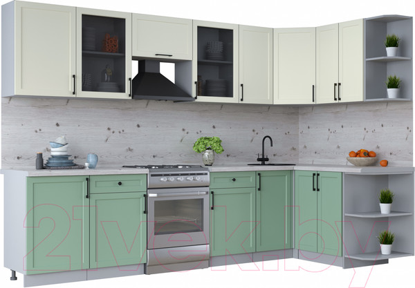 Изображение товара Кухонный гарнитур Интерлиния Тренд 1.5x3.1 правая (мята/белый/бискайская сосна)