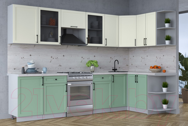 Изображение товара Кухонный гарнитур Интерлиния Тренд 1.5x3.1 правая (мята/белый/бискайская сосна)