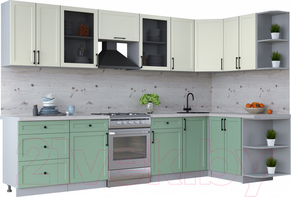 Изображение товара Кухонный гарнитур Интерлиния Тренд 1.5x3.2 правая (мята/белый/бискайская сосна)