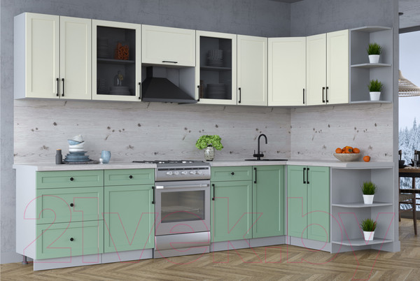 Изображение товара Кухонный гарнитур Интерлиния Тренд 1.5x3.2 правая (мята/белый/бискайская сосна)