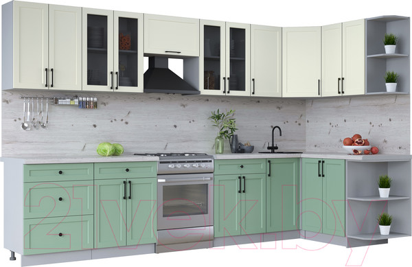 Изображение товара Кухонный гарнитур Интерлиния Тренд 1.5x3.4 правая (мята/белый/бискайская сосна)