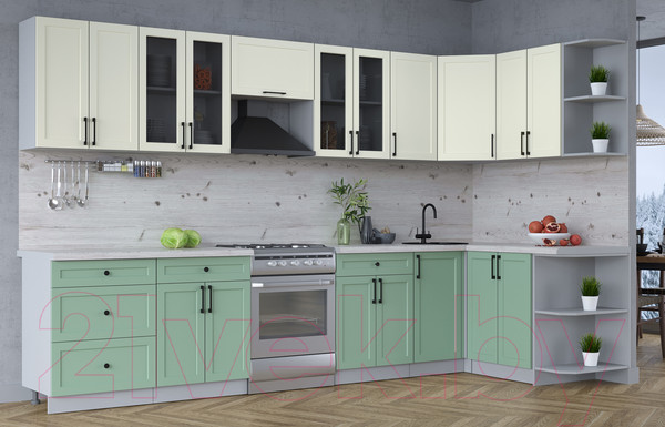 Изображение товара Кухонный гарнитур Интерлиния Тренд 1.5x3.4 правая (мята/белый/бискайская сосна)