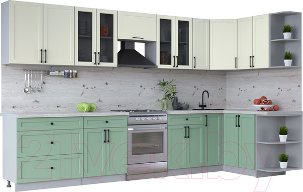 Изображение товара Кухонный гарнитур Интерлиния Тренд 1.5x3.5 правая (мята/белый/бискайская сосна)
