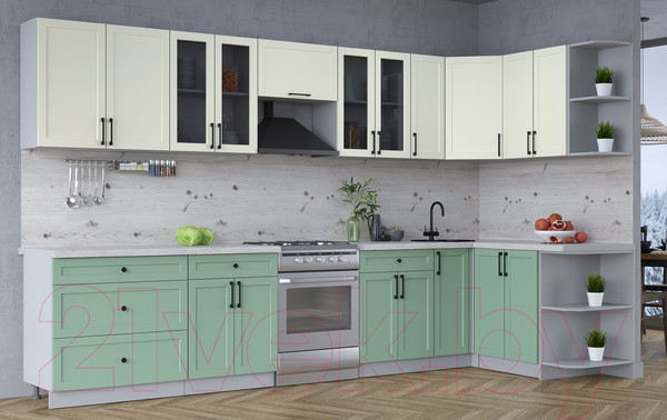 Изображение товара Кухонный гарнитур Интерлиния Тренд 1.5x3.5 правая (мята/белый/бискайская сосна)