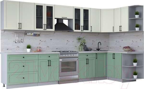 Изображение товара Кухонный гарнитур Интерлиния Тренд 1.5x3.6 правая (мята/белый/бискайская сосна)