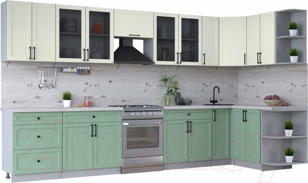 Изображение товара Кухонный гарнитур Интерлиния Тренд 1.5x3.7 правая (мята/белый/бискайская сосна)