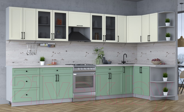 Изображение товара Кухонный гарнитур Интерлиния Тренд 1.5x3.7 правая (мята/белый/бискайская сосна)