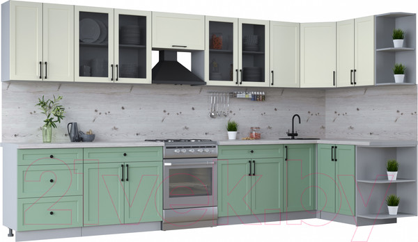 Изображение товара Кухонный гарнитур Интерлиния Тренд 1.5x3.8 правая (мята/белый/бискайская сосна)