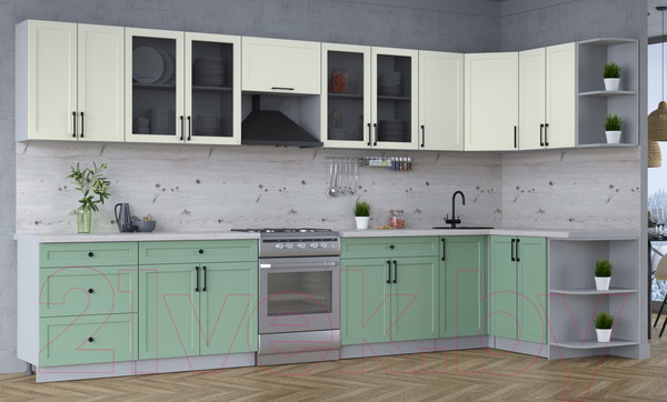 Изображение товара Кухонный гарнитур Интерлиния Тренд 1.5x3.8 правая (мята/белый/бискайская сосна)