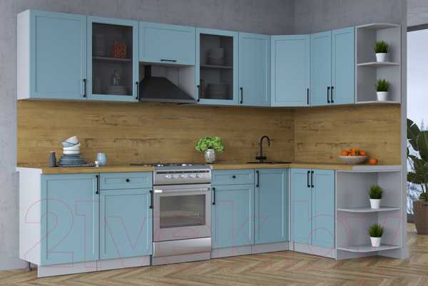 Изображение товара Кухонный гарнитур Интерлиния Тренд 1.5x3.1 правая (океан/океан/дуб бунратти)