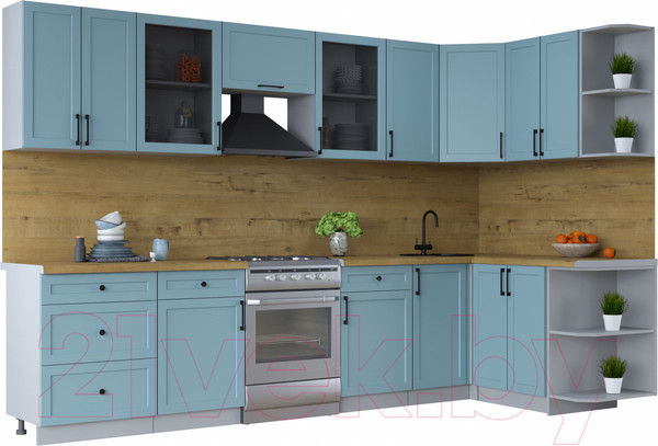 Изображение товара Кухонный гарнитур Интерлиния Тренд 1.5x3.2 правая (океан/океан/дуб бунратти)
