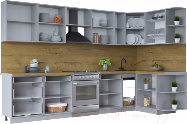 Изображение товара Кухонный гарнитур Интерлиния Тренд 1.5x3.3 правая (океан/океан/дуб бунратти)