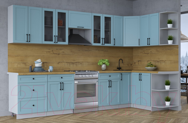 Изображение товара Кухонный гарнитур Интерлиния Тренд 1.5x3.3 правая (океан/океан/дуб бунратти)