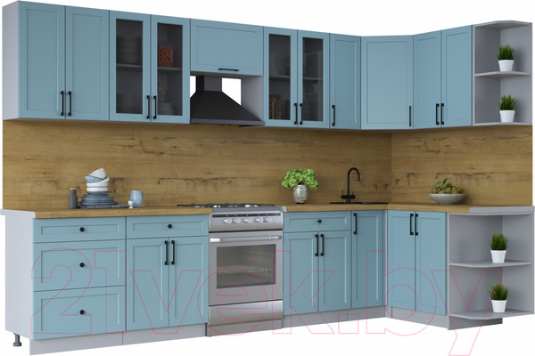 Изображение товара Кухонный гарнитур Интерлиния Тренд 1.5x3.3 правая (океан/океан/дуб бунратти)