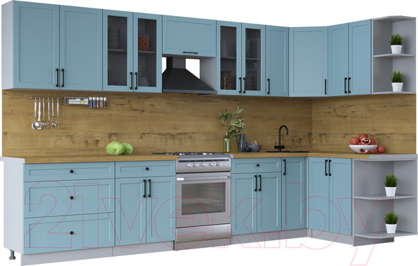 Изображение товара Кухонный гарнитур Интерлиния Тренд 1.5x3.5 правая (океан/океан/дуб бунратти)