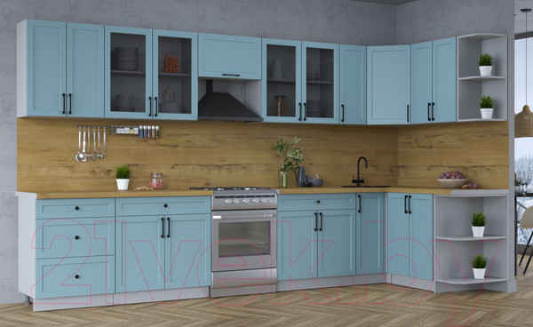 Изображение товара Кухонный гарнитур Интерлиния Тренд 1.5x3.7 правая (океан/океан/дуб бунратти)